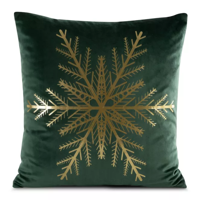 Poszewka na poduszkę 45x45 cm welwetowa zdobiona śnieżynkami zielono, złota JOY