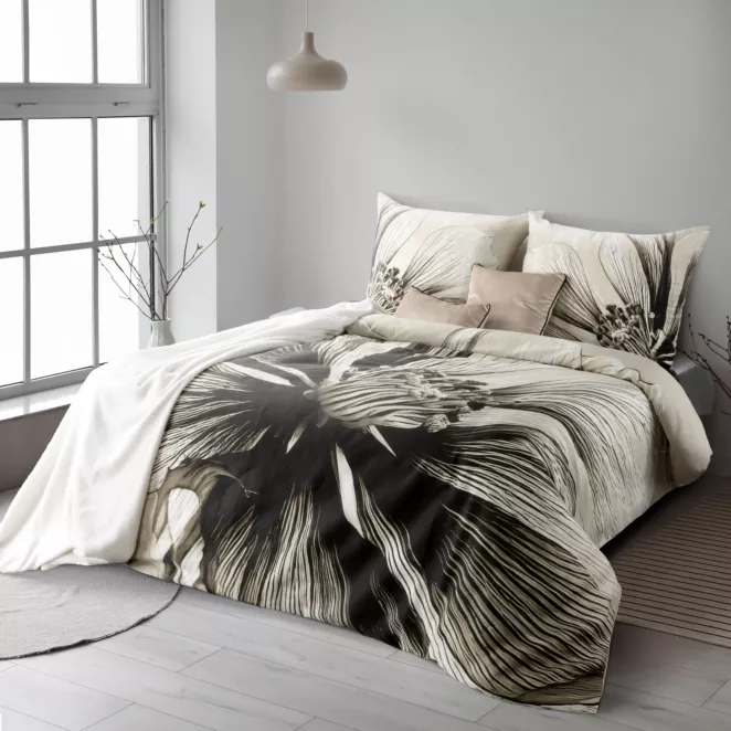 Pościel 220x200 cm z satyny bawełnianej kolor jasnobeżowy, brązowy z motywem roślinnym SPRING 78