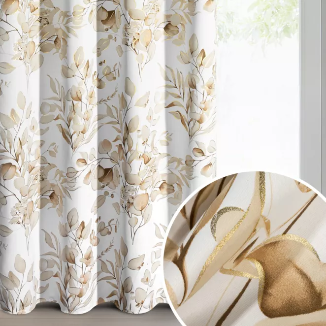 Zasłona beżowo, złota zaciemniająca z roślinnym nadrukiem i błyszczącymi akcentami 140x250 cm przelotki - OLENI