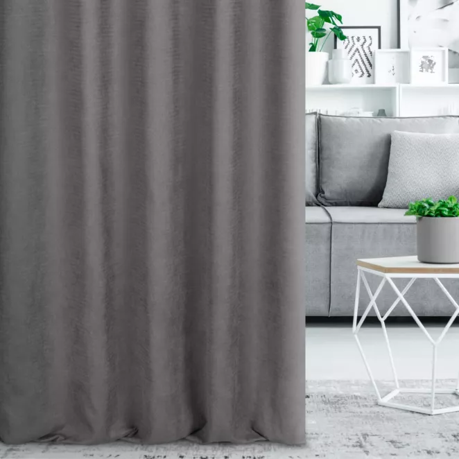 Zasłona szyta na taśmie 5 cm grafitowa z miękkiej, matowej tkaniny w drobny geometryczny wzór