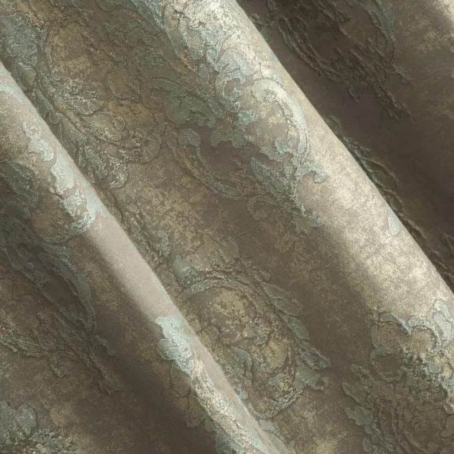 R151/4 Zasłona szyta na taśmie 5 cm RICCA złoto popielata nowoczesna z wypukłym wzorem ornamentowym i połyskiem