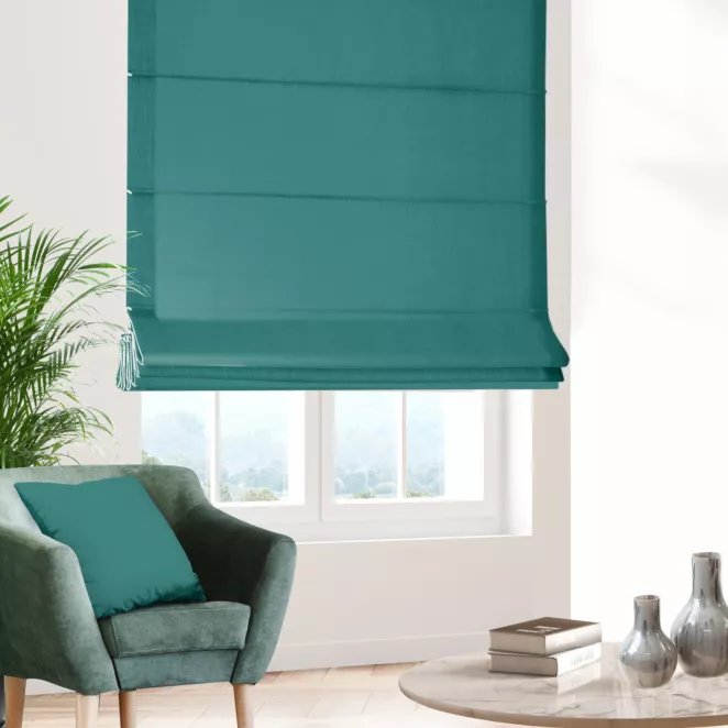 Roleta rzymska jasnoturkusowa o naturalnym, gęstym splocie w stylu eko