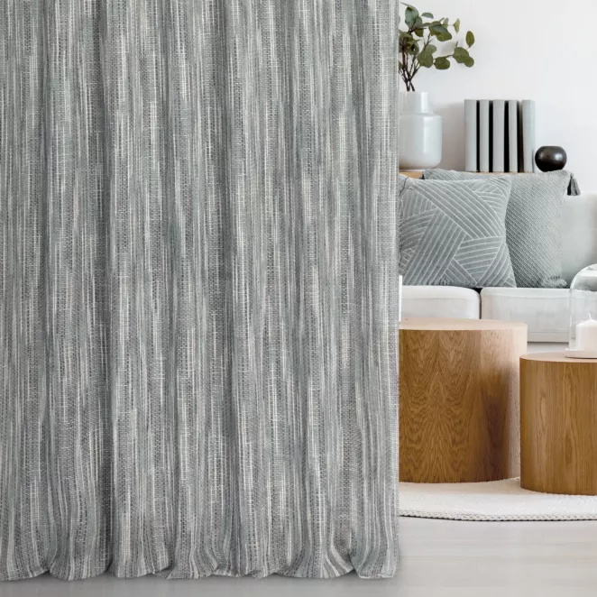 Firana szyta na taśmie 5 cm popielata siatka w stylu eko z efektem melanżu wykończona obciążnikiem