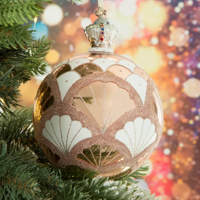 Bombka szklana ze wzorem wachlarzy w stylu art deco zwieńczona misternie zdobioną szklaną koroną