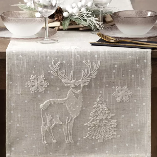 Bieżnik świąteczny na stół 40x140 cm beżowy o strukturze lnu zdobiony delikatnym nadrukiem