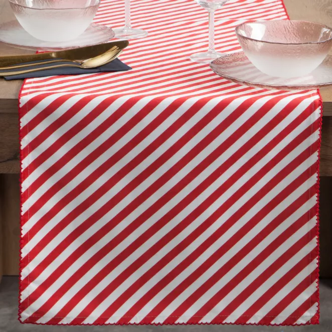 Świąteczny bieżnik biało, czerwony 40x140 cm w pasy i ozdobnym obszyciem - INES 13