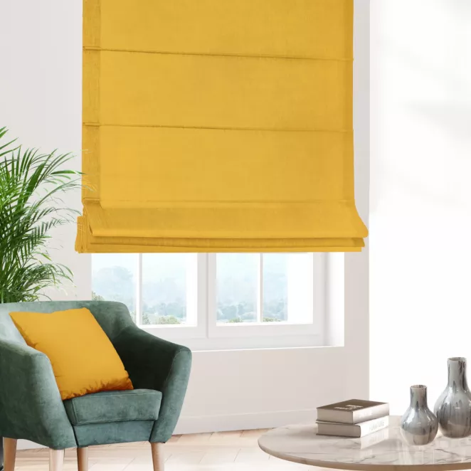 Roleta rzymska LUXOR musztardowa z eleganckiej lśniącej tkaniny o drobnym splocie