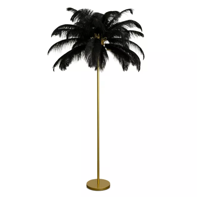 Lampa stojąca do salonu czarno, złota FERI na metalowej podstawie z efektownym abażurem z naturalnych strusich piór