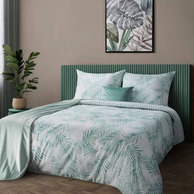 Pościel 140x200 cm komplet 2 częściowy z satyny bawełnianej kolor biało, miętowy zdobiona nadrukiem egzotycznym RAYA 3
