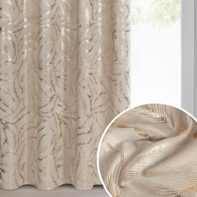 Zasłona beżowo szampańska zdobiona nadrukiem liści 140x250 cm złota przelotka - MILENA