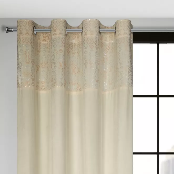 Zasłona kremowo, złota z dekoracyjnym pasem z welwetu 140x250 cm przelotka - LIZA