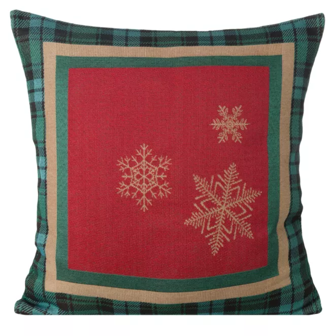 Poszewka na poduszkę 45x45 cm bawełniana, gobelinowa czerwona z motywem kraty i złotych śnieżynek CHERRY