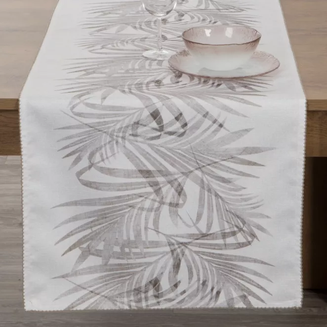 Bieżnik na stół naturalno, stalowy 40x180 cm INES z nadrukowanym motywem liści palmowych