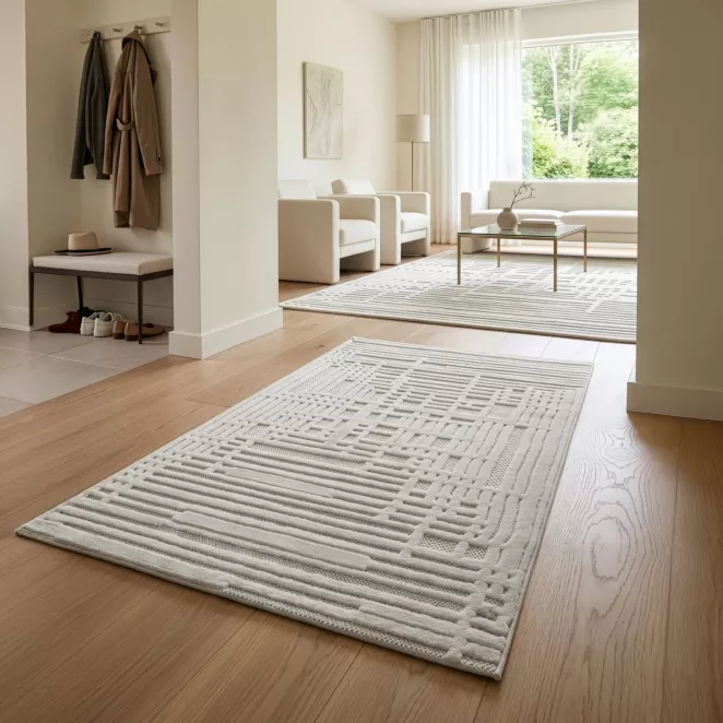 Dywan 80x150 cm kremowo, beżowy strukturalny, wytłaczany z nowoczesnym wzorem geometrycznych linii VENUS 2