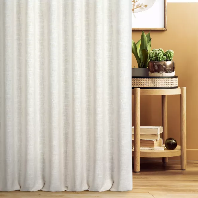 Zasłona szyta na taśmie 5 cm naturalna z matowej tkaniny w stylu eko o naturalnym wyglądzie, zawierającej len