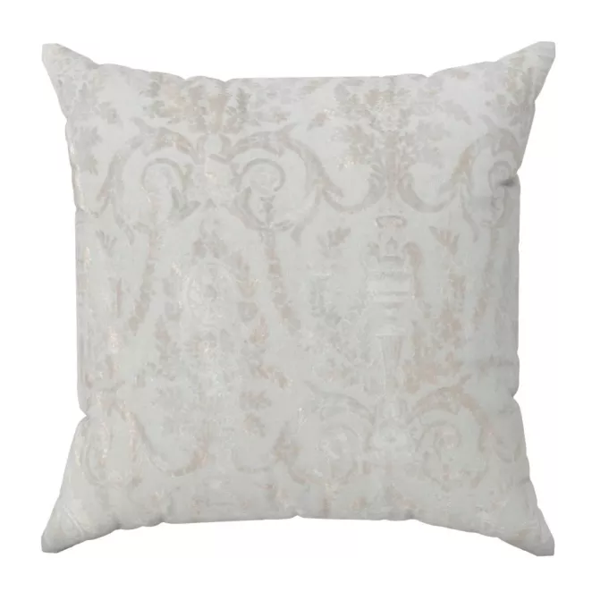 Poszewka szyta kremowo złocista z grubej, welwetowej tkaniny, zdobiona delikatnie połyskującym nadrukiem