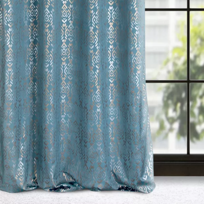 Zasłona niebiesko, złota ze złotym wzorem z welwetu 140x250 cm przelotka - LAURA