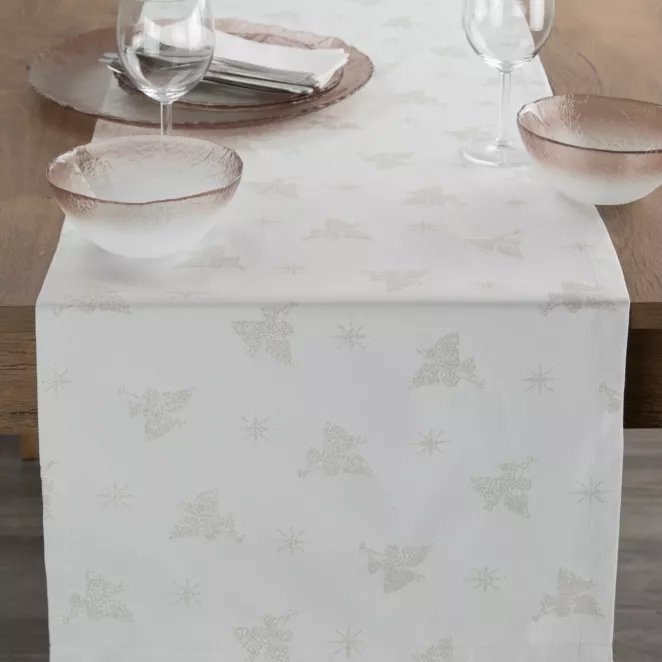 Bieżnik na stół kremowy 40x140 cm z żakardowej tkaniny FLASH z motywem jasnozłotych aniołków