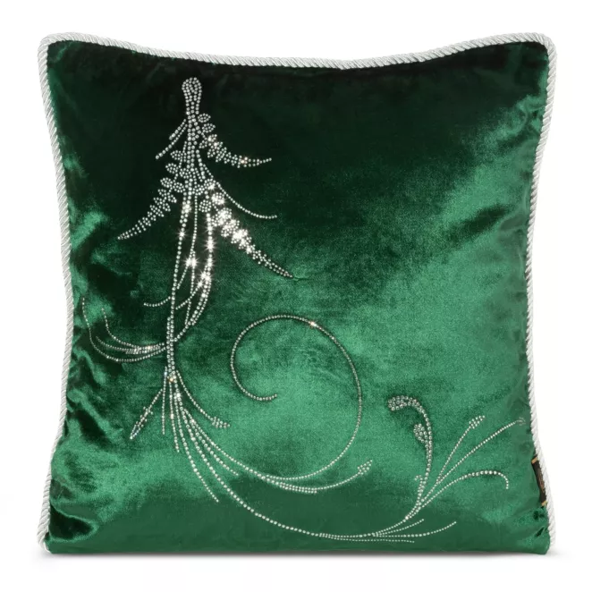 Poszewka na poduszkę 45x45 cm welwetowa, ciemnozielona zdobiona wzorem z kryształków i srebrnym sznurem na brzegach ROYAL 10