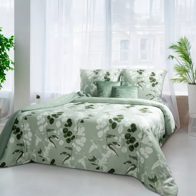 Pościel 140x200 cm komplet 2 częściowy satyna bawełniana kolor jasnozielony, biały z motywem liści SPRING 97