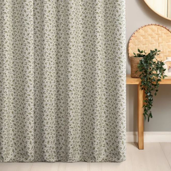Zasłona szyta na taśmie 5 cm beżowo zielona z tkaniny bawełnianej o naturalnym wyglądzie drukowanej w drobny botaniczny wzór