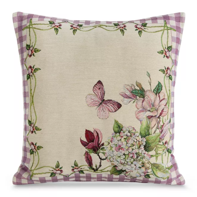 Poszewka na poduszkę 45x45 cm bawełniana, gobelinowa beżowo, różowa z kwiatowym motywem GOB