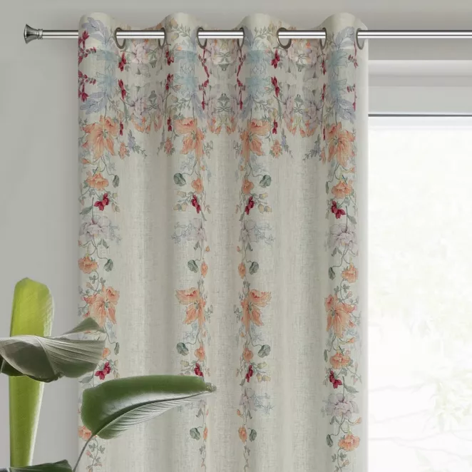 Zasłona naturalno, pomarańczowa zdobiona nadrukiem kwiatów 140x250 cm przelotka - CARA