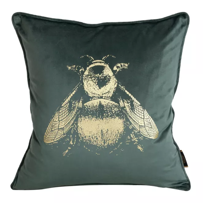 Poszewka na poduszkę 45x45 cm welwetowa miętowa, dwustronna z nadrukiem złocistej pszczoły BLINK 41