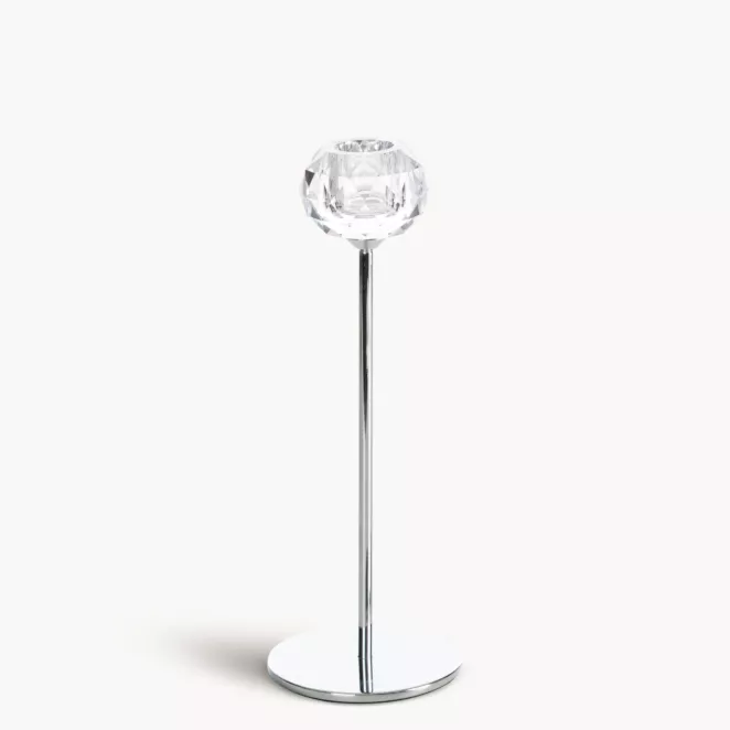 Świecznik dekoracyjny transparentny, srebrny o kryształowej okrągłej formie na smukłej nóżce średnica 8x23 cm LARA