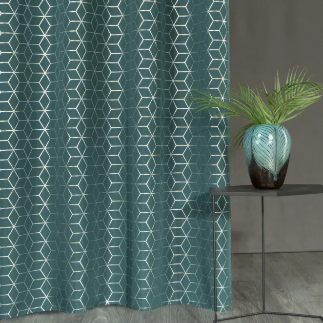 Zasłona ciemnoturkusowo, srebrna z geometrycznym wzorem 140x250 cm przelotka - CUBE