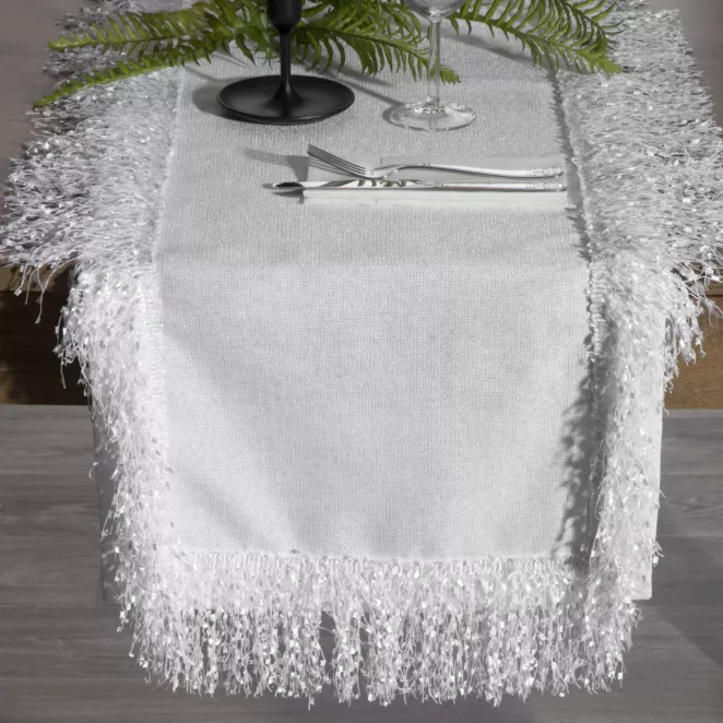 Bieżnik na stół biały 40x140 cm TINA zdobiony puszystymi frędzlami EUROFIRANY PREMIUM