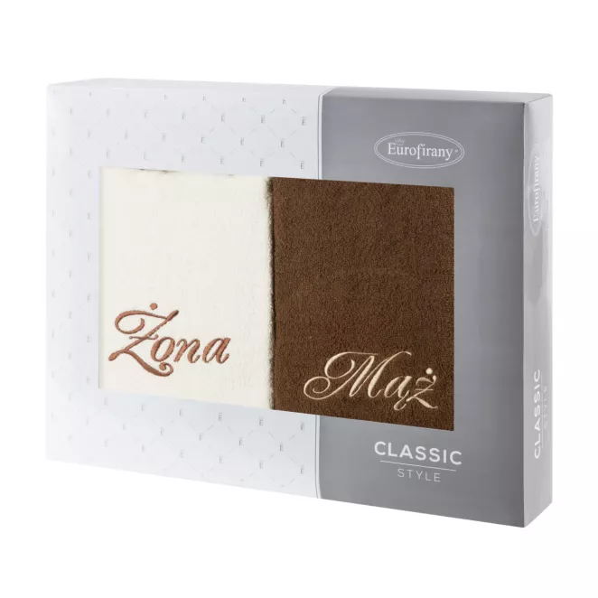 Zestaw ręczników bawełnianych na prezent 2 szt 70x140 cm z haftem Żona i Mąż kolor kremowy,brązowy 400 g/m2