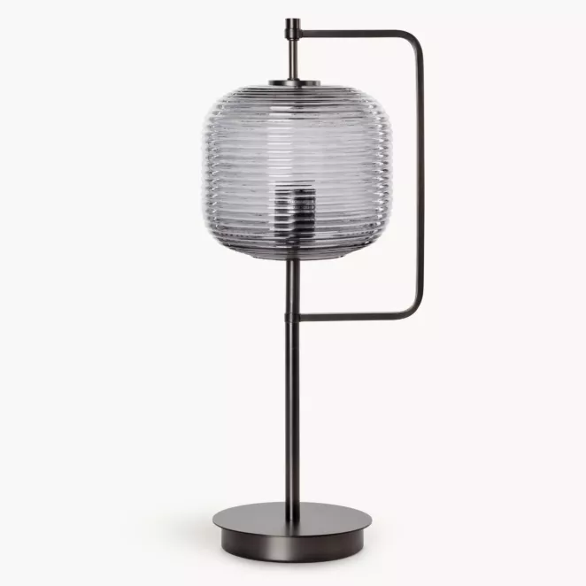 Lampa stołowa nocna grafitowa ARON nowoczesna ze szklanym tłoczonym abażurem