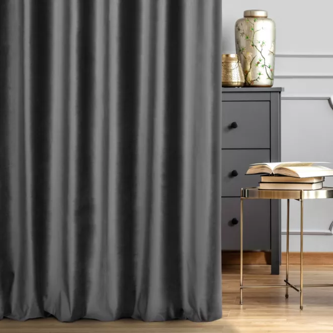 Zasłona szyta na taśmie 5 cm popielata z miękkiej półmatowej tkaniny welwetowej