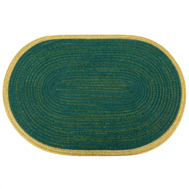 Podkładka owalna na stół ciemnoturkusowa 30 x 45 cm TIRANA strukturalna przetykana złotą nicią z ozdobną lamówką