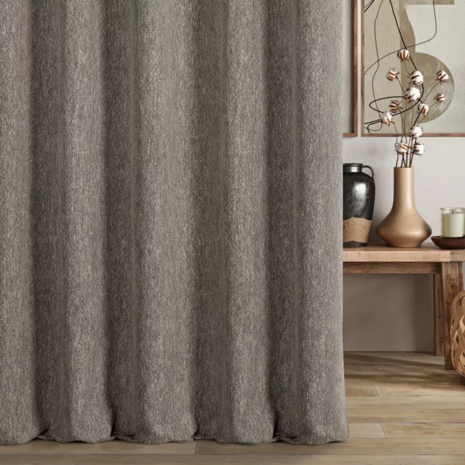 Zasłona szyta na taśmie 5 cm popielata z tkaniny o grubym splocie, z efektem melanżu