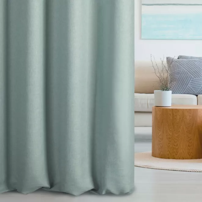 Zasłona szyta na taśmie 5 cm GEONOA miętowa z miękkiej tkaniny o naturalnym charakterze z widocznym ozdobnym splotem