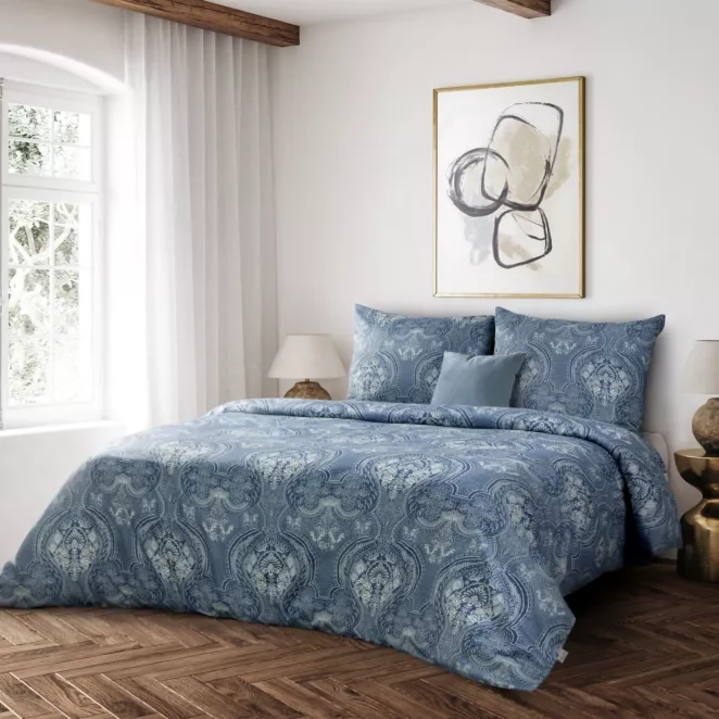 Pościel 160x200 cm makosatyna bawełniana kolor niebieski, kremowy z nadrukiem ornamentu REINA 46