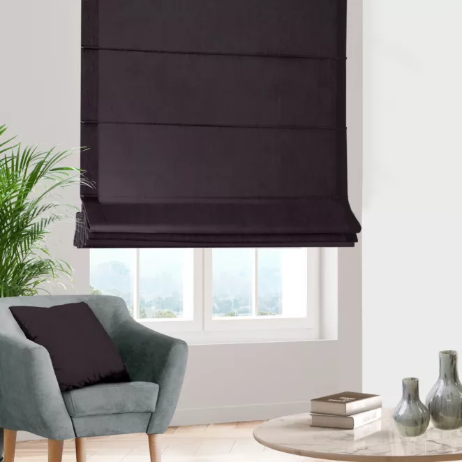 Roleta rzymska ciemnofioletowa z miękkiej półmatowej tkaniny welwetowej