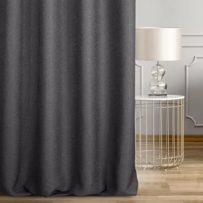 Zasłona szyta na taśmie 5 cm grafitowa z tkaniny o naturalnym splocie w stylu eko