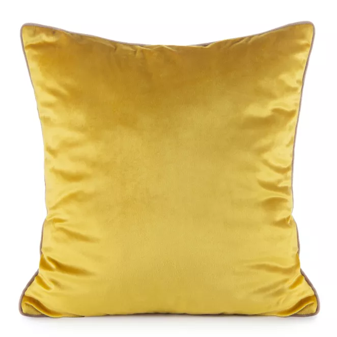 Poszewka na poduszkę 45x45 cm welwetowa, musztardowa o delikatnym połysku z ozdobną lamówką GAJA 2