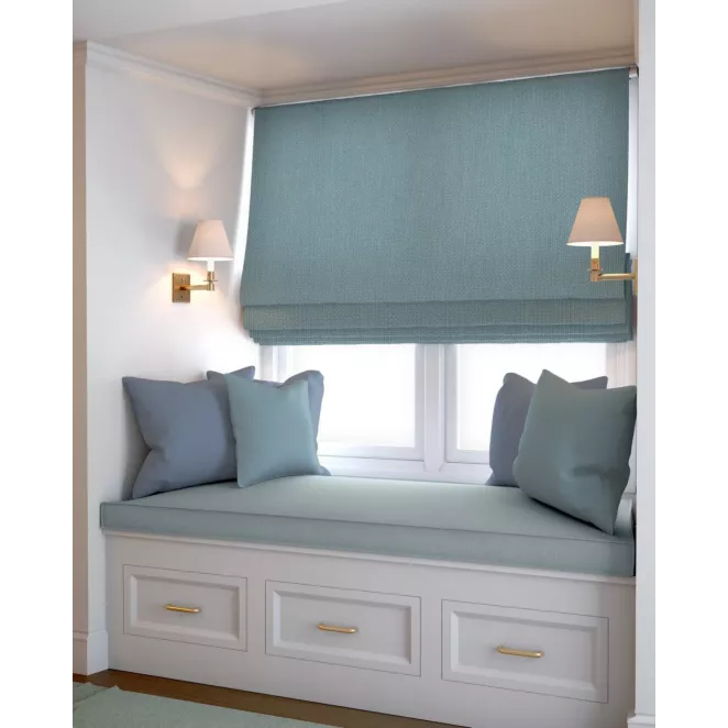 Roleta rzymska błękitna z strukturalnej tkaniny o naturalnym splocie