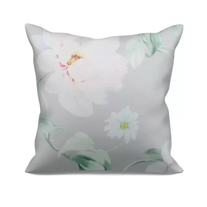 Poszewka szyta jasnoszara z miękkiej tkaniny o naturalnym splocie z kwiatowym wzorem