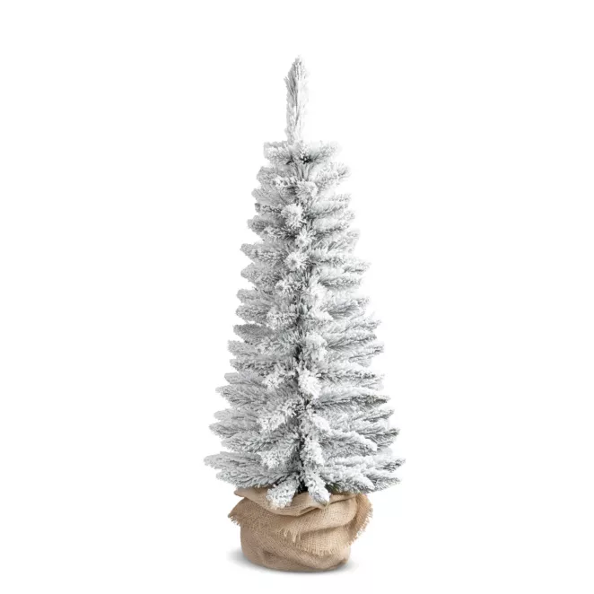Drzewko choinkowe SLIM ośnieżone z dekoracyjną donicą owiniętą workiem jutowym