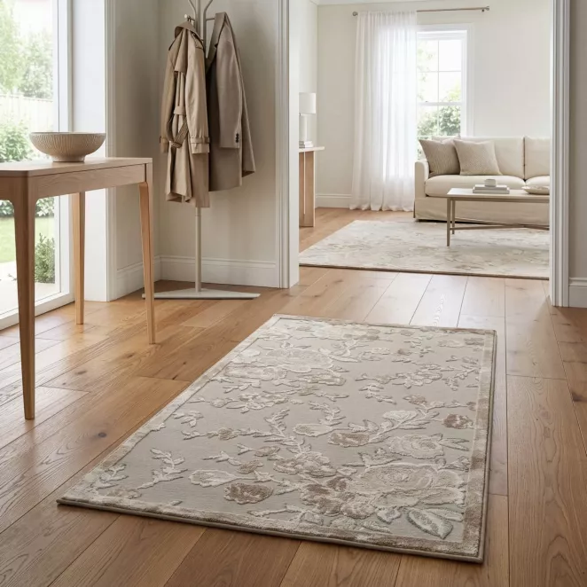 Dywan 80x150 cm beżowo, kremowy z wzorem roślinnym IMPRESIVE 2