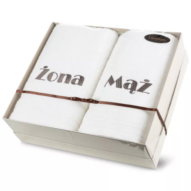 Zestaw ręczników bawełnianych na prezent 2 szt 70x140 cm kolor biały z haftem ŻONA i MĄŻ