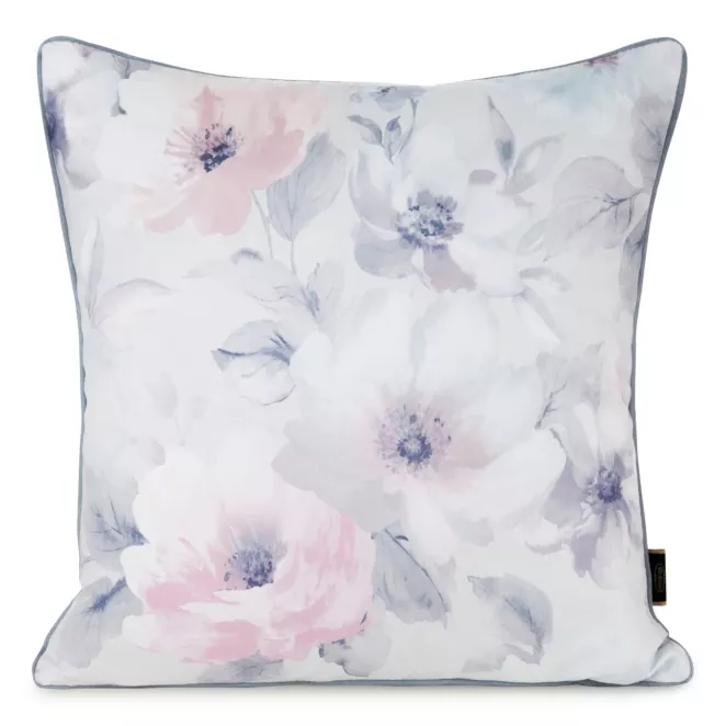 Poszewka na poduszkę 45x45 cm welwetowa, kremowo różowa z nadrukiem pastelowych kwiatów VELVET 153 Eurofirany Premium