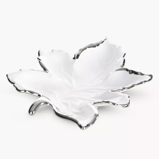 Patera ceramiczna biało-srebrna  w kształcie liścia 28x30x5 cm ABBI