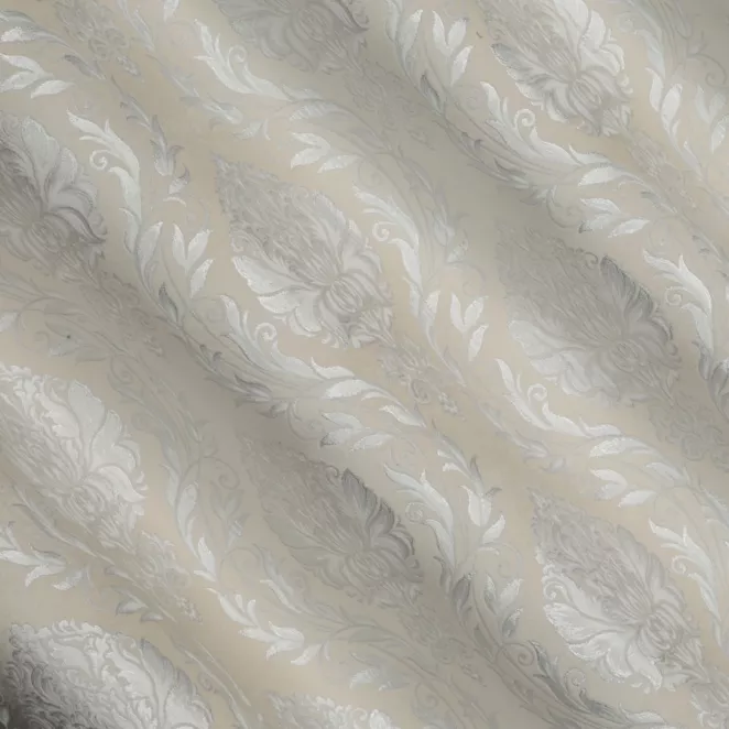 E134/5 Zasłona szyta na taśmie 5 cm kremowo srebrna z szenilowej tkaniny w klasyczny wzór ornamentowy przetykany błyszczącą nicią Italissima Eva Minge