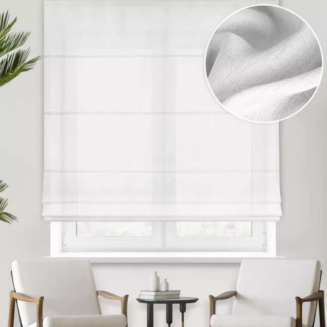 Roleta rzymska biała z grubszej żorżety wykończonej obciążnikiem